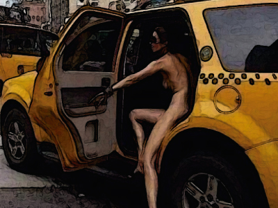 Mujer desnuda en un taxi