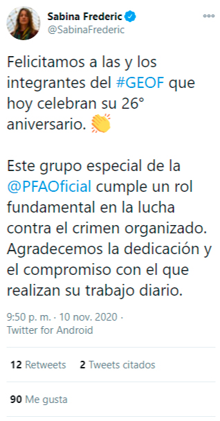 Acto por el vigésimo sexto aniversario de la creación del Grupo Especial de Operaciones Federales con la participación de la Ministra de Seguridad de la Nación.